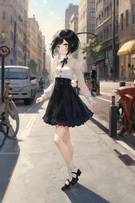 masterpiece,best quality,1girl,short black hair,city,street,small breasts,people,