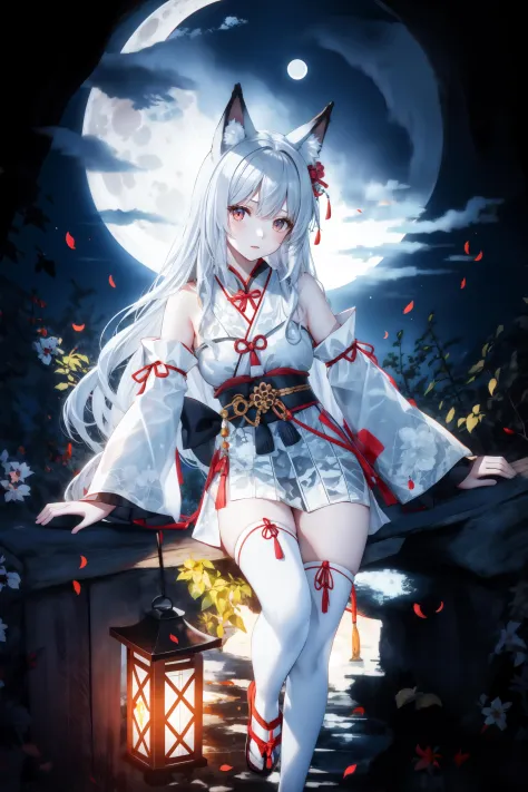 1girl, animal ear fluff, animal ears, bare tree, branch, breasts, cloud, crescent moon, detached sleeves, full moon, in tree, japanese clothes, lantern, leaf, long hair, looking at viewer, moon, moonlight, night, night sky, outdoors, red moon, round window, sky, solo, star \(sky\), starry sky, sun, tail, thighhighs, torii, tree, white hair, white legwear, 