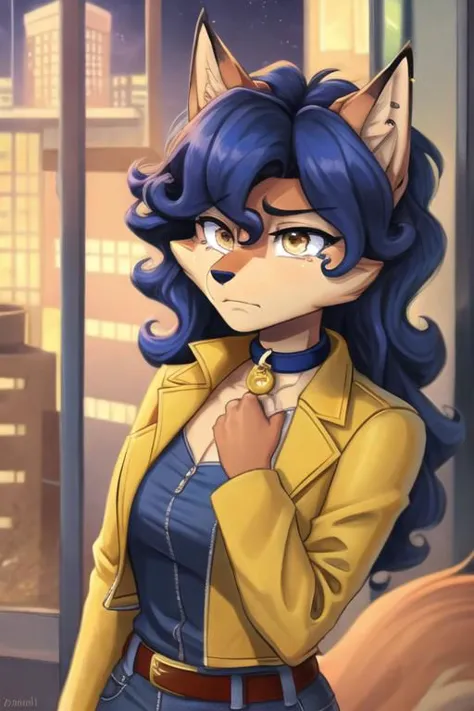 carmelita fox, well drawn face, well drawn eyes, high quality, 1 tail, yellow jacket, open jacket, sleeved rolled up, blue jeans...