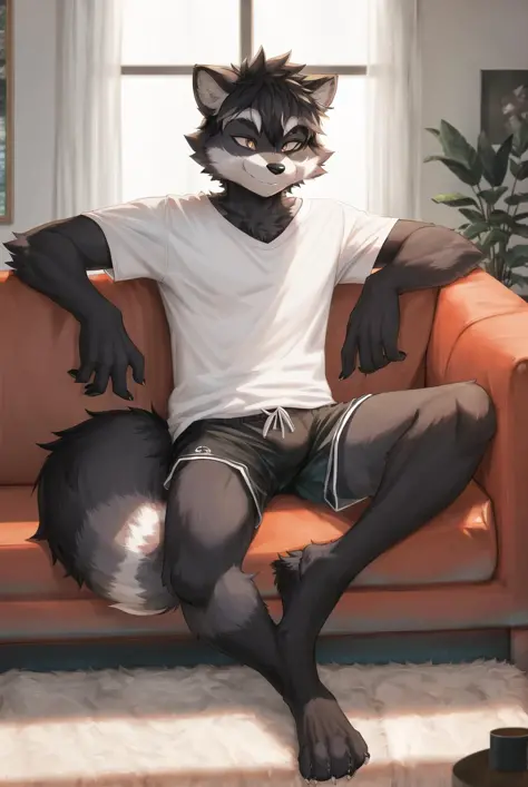 (raccoon, furry, anthropomorphic), Male, siting on couch, inside, Livingroom, wearing shorts, wearing shirt, Furry art, Fur on a...
