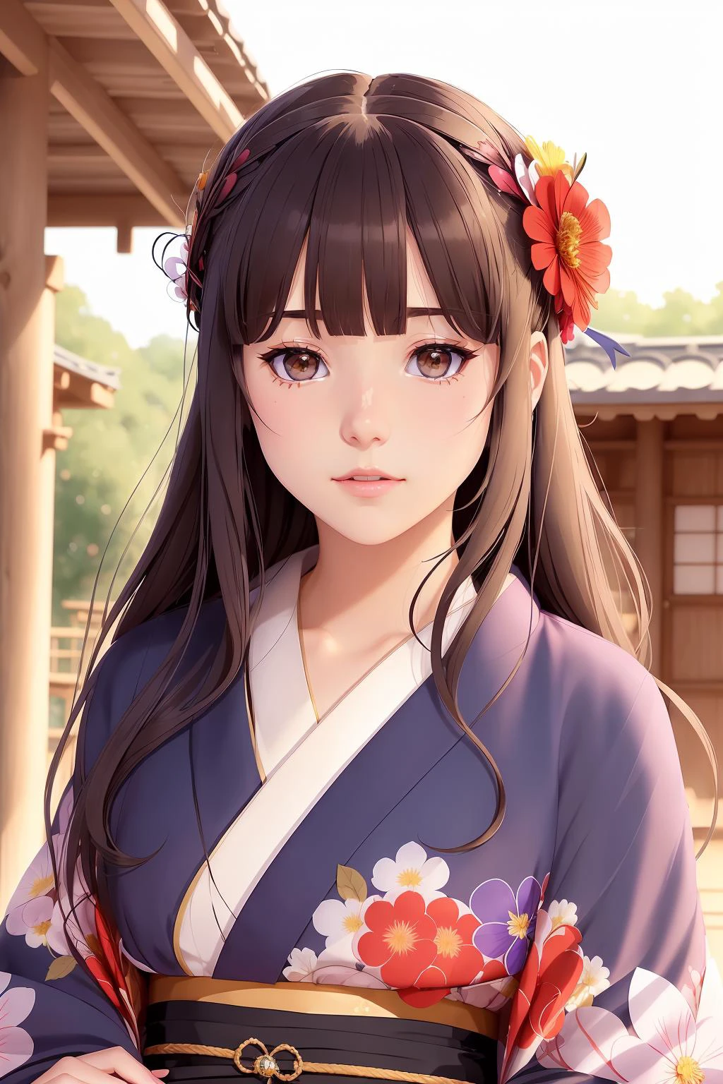 1fille, seulement, Extérieur, jolie fille modèle japonaise, kimono, imprimé floral, ornement de cheveux, regarder le spectateur, fleur de cheveux, yeux marrons, frange, chef-d&#39;œuvre, meilleure qualité, réaliste 
