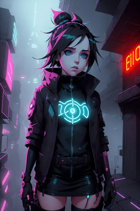 1girl, Gritty neon, synthetic textures, modded limbs, worn materials, atmospheric fog, rebellious stances, urban decay, layered ...