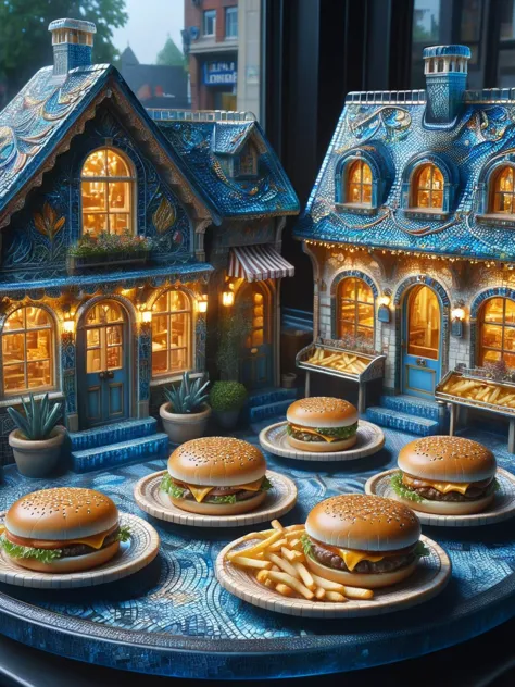 A ral-blueresin cheeseburger, الفريزية, and soft drink are all made of ral-blueresin, sitting on a tray in a bustling fast-food restaurant. ais-mosaic, a whimsical scene of a ais-mosaic fairy village at night, مع خابور صغير, زوارق الصيد, محلات, منازل, حانة, مخبز, لجزار, الجسور, and gardens all معقدly made of ais-mosaic, الدخان من المداخن, المباني ذات الأضواء الأثيرية, مظلم, الغلاف الجوي, متحرك, سينمائي, تحفة, معقد, تقرير التنمية البشرية. 