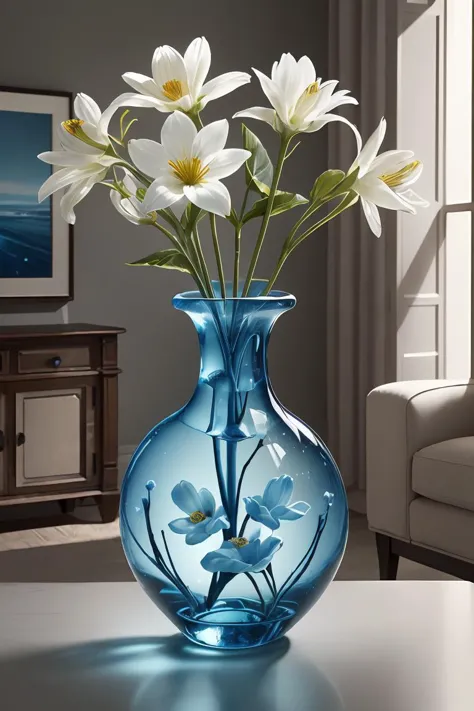 a flower made of ral-blueresin in a vase in a modern living room,masterpiece