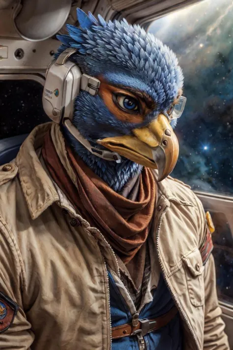 falco lombardi, avian, bird, safe, clothed, anthro, beak, blue body, blue feathers, blue eyes, feathers, male, neckerchief, wearing jacket, topwear, bottomwear, uniform, space station, science fiction, smile, solo, space, star, front view, yellow beak, feet, avian feet, night, city, fullbody, headgear, headset
BREAK,
by rukis, by personalami, by kenket, (intricate, high detail, film photography, soft focus, RAW candid cinema,
photorealism, realistic, photorealistic, analog style, subsurface scattering,
masterpiece, best quality, ultra realistic, 8k)