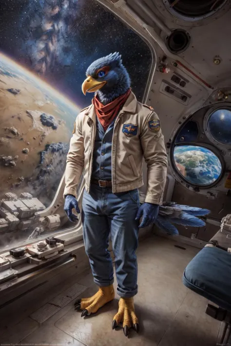 falco lombardi, avian, bird, safe, clothed, anthro, beak, blue body, blue feathers, blue eyes, feathers, male, neckerchief, wearing jacket, topwear, bottomwear, uniform, space station, science fiction, smile, solo, space, star, front view, yellow beak, feet, avian feet, night, city, fullbody, claws, paws, toe claws, standing
BREAK,
by rukis, by personalami, by kenket, (intricate, high detail, film photography, soft focus, RAW candid cinema,
photorealism, realistic, photorealistic, analog style, subsurface scattering,
masterpiece, best quality, ultra realistic, 8k)