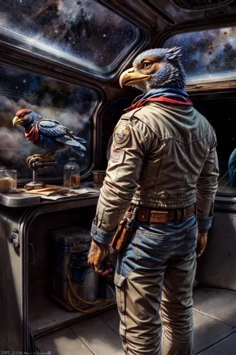 falco lombardi, avian, bird, safe, clothed, anthro, beak, blue body, blue feathers, blue eyes, feathers, male, neckerchief, wearing jacket, topwear, bottomwear, uniform, space station, science fiction, smile, solo, space, star, rear view, yellow beak, feet, avian feet, night, city, fullbody, claws, paws, toe claws, standing, tail feathers
BREAK,
by rukis, by personalami, by kenket, (intricate, high detail, film photography, soft focus, RAW candid cinema,
photorealism, realistic, photorealistic, analog style, subsurface scattering,
masterpiece, best quality, ultra realistic, 8k)