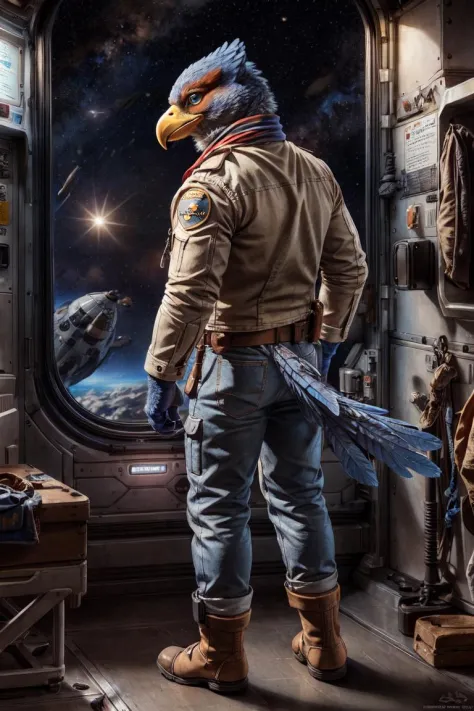 falco lombardi, avian, bird, safe, clothed, anthro, beak, blue body, blue feathers, blue eyes, feathers, male, neckerchief, wearing jacket, topwear, bottomwear, uniform, space station, science fiction, smile, solo, space, star, rear view, yellow beak, feet, avian feet, night, city, fullbody, claws, paws, toe claws, standing, tail feathers
BREAK,
by rukis, by personalami, by kenket, (intricate, high detail, film photography, soft focus, RAW candid cinema,
photorealism, realistic, photorealistic, analog style, subsurface scattering,
masterpiece, best quality, ultra realistic, 8k)