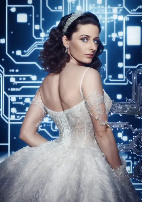 (photo realistic:1.55), (best quality:1.1), (masterpiece:0.5), (realistic:1.5), (detailed:1.1), 
  ([blue circuit|Navy blue computer|wedding dress],wearing wedding_dress_style made of circuits, wearing_computer_dress, wearing_circuit_dress, futuristic city:1.3), blurry, depth_of_field, blurry_background, blurry_foreground, sexy ErikaBellaQuiron woman,  1girl, gloves, white_gloves, motion_blur, photo_\(medium\), solo,  Looking over the shoulder pose, photo by Florence Henri