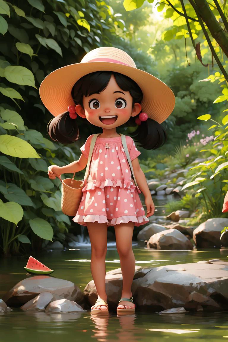 masterpiece,best quality,multiple girls,3girls,fruit,food,watermelon,water,sandals,hat,black hair,hair bobbles,shorts,skirt,river,short hair,dappled sunlight,hairband,smile,outdoors,straw hat,hair ornament,dress,stream,open mouth,nature,rock,wading,sunlight,long hair,twintails,polka dot,chibi,