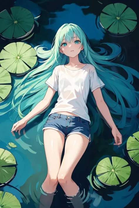 1girl, long cyan hair, laying in water, wearing shorts, and a plain white t-shirt, lily pads, atmospheric scene, fluid, official...