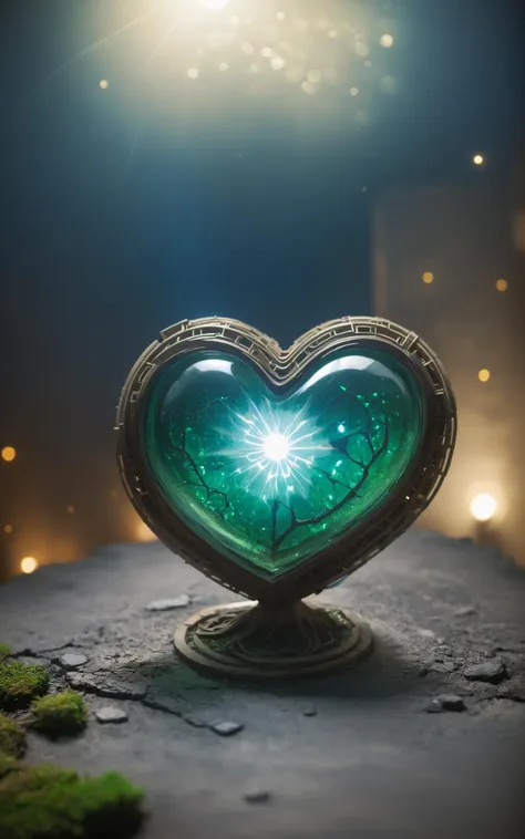 a close up of a heart shaped object with a green light