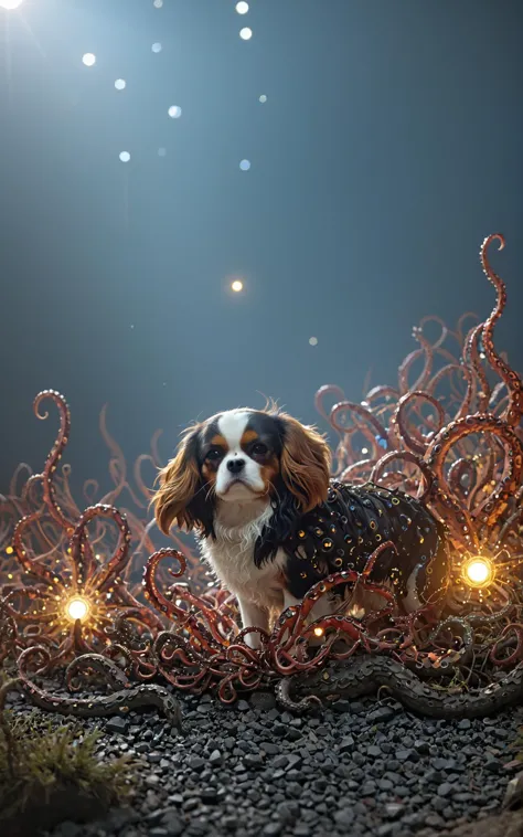 arafed dog sitting in a field of grass with lights