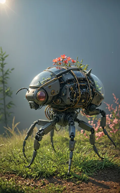 a close up of a robot with a plant on its head