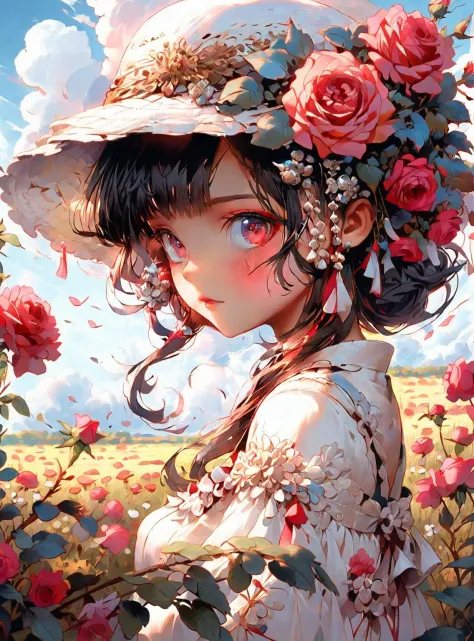 (masterpiece, best quality), 1girl, flower, solo, dress, holding, sky, cloud, hat, outdoors, bangs, bouquet, rose, expressionless, blush, pink hair, flower field, red flower, pink eyes, white dress, looking at viewer, midium hair, holding flower, small breasts, red rose, holding bouquet, sun hat, white headwear, depth of field,((full body)),