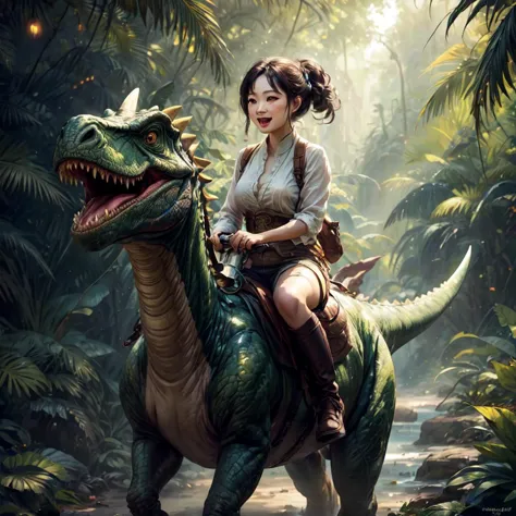 erjie<lora:Threesister-erjiev2:0.4>, happy to riding a dinosaur \((masterpiece, best quality:1.2), Yellow and green jungle dinos...