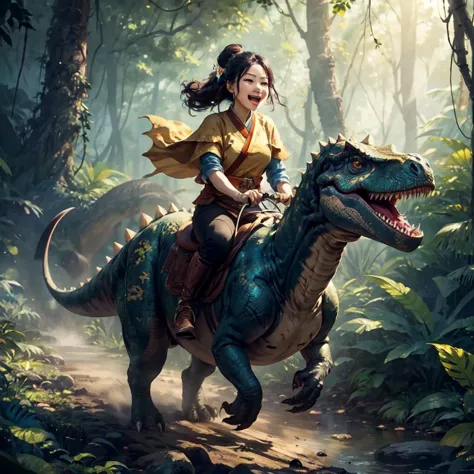 erjie<lora:Threesister-erjiev2:0.3>, happy to riding a dinosaur \((masterpiece, best quality:1.2), Blue and yellow jungle dinosa...