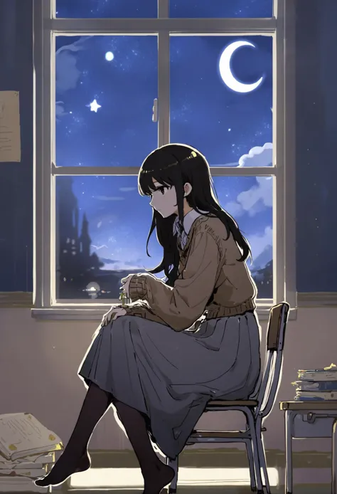 masterpiece, best quality,1girl,   solo, (outline:1.5), black pantyhose, sister, scenery, window, star, (sky:1.1), moon, grey sk...