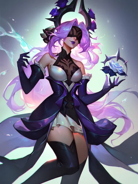 score_9, score_8_up, score_7_up, SyndraWR, 1girl, solo, black halo, purple long hair, blindfold, purple lips, purple and white dress, purple gloves, black high boots, roses <lora:SyndraWR:1>