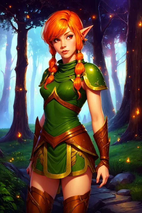 1girl, solo, beautiful age 25 , masterpiece, best quality, high detail, high quality   <lora:Char_bh-Ember:0.85> bhember in an enchanted forest, fireflies, (concept art from world of warcraft), orange hair, red eyes <lora:Khoir:0.6> khoirstyle