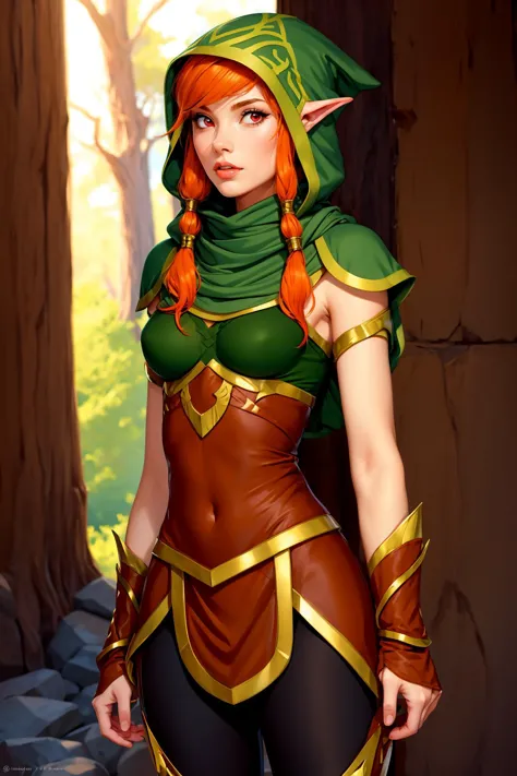 a woman in a green and brown outfit standing in a forest