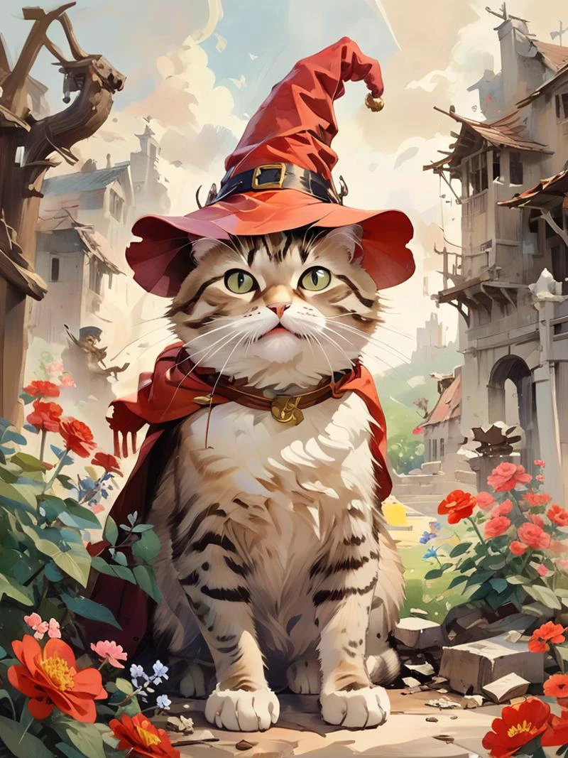 by Don Bluth, 
(open mouth:1.5), (screams:1.5), (meow:1.5), looking_at_viewer, eye_contact, 
a fat cat with big eyes and hat and red cloak, garden in background, piles of flowers, big tree, ruins, 
cartoon, illustration, soothing tones, calm colors, lineart, oil and watercolor painting, 