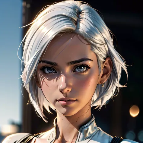 mujer, Makoto Shinkai, (estilo maravilla),
cara de belleza, cara seria, Cabello blanco apretado y realista, pelo medio, senos pequeños, culo pequeño, muscular, (((cara larga)))
1 chica,
((((aspecto cinematográfico)))), tonos calmantes, Luz de contorno, fondo bokeh, 
Chaqueta de cuero ajustada y realista,
 