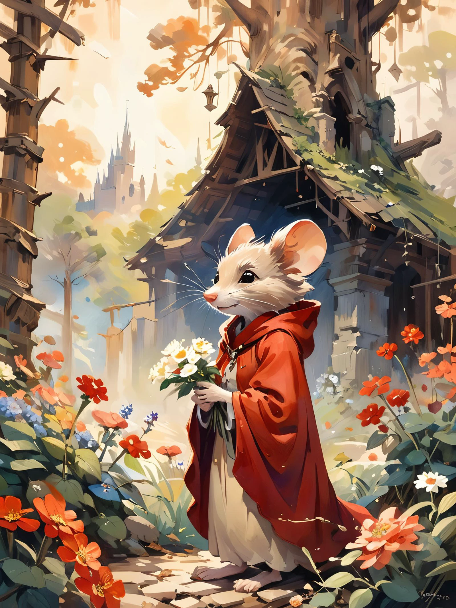 by Don Bluth, inspired by The Secret of NIMH, 
female mouse in red cloak, garden in background, knolling, piles of flowers, big tree, ruins, 
cartoon, illustration, soothing tones, calm colors, lineart, oil and watercolor painting, 