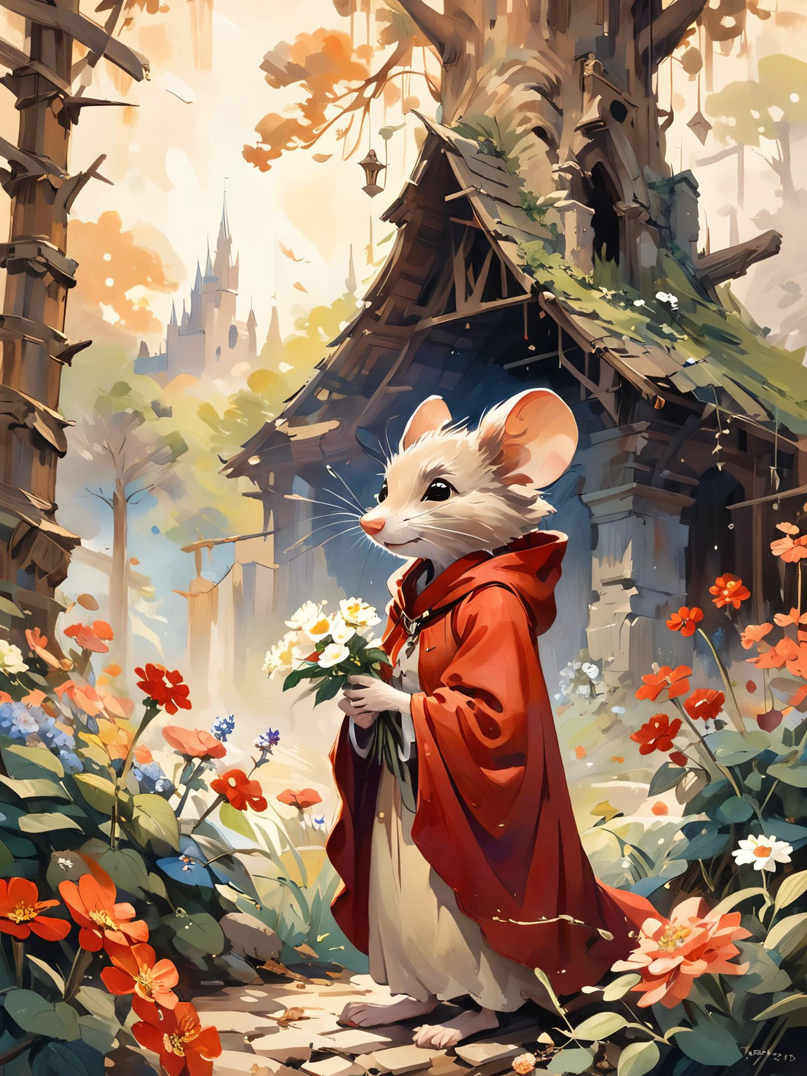 por Don Bluth, inspirado en El secreto de NIMH, 
ratón hembra con capa roja, Jardín al fondo, Knolling, Montones de flores, árbol grande, restos, 
dibujos animados, ilustración, tonos calmantes, colores tranquilos, arte lineal, pintura al oleo y acuarela, 