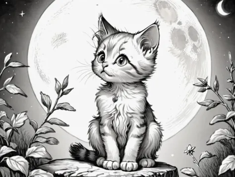 lineart, cute kitten looking at the moon, <lora:Line-illustration:1.0>