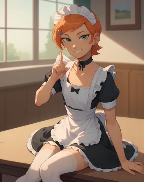 (score_9,score_8_up,score_7_up,), Gwendolyn_Tennyson, calling viewer toward her, (beckoning finger) , 1girl,solo,maid, side smil...