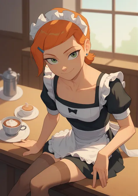 (score_9,score_8_up,score_7_up,), Gwendolyn_Tennyson, (calling viewer toward her :1.2) , (beckoning, beckoning finger :1.3) , 1girl,solo,maid, side smile, collarbone ,maid headdress,looking at viewer,apron,indoors,depth of field, sitting on table, (legs, stockings) 
<lora:GwenTenXL:1>