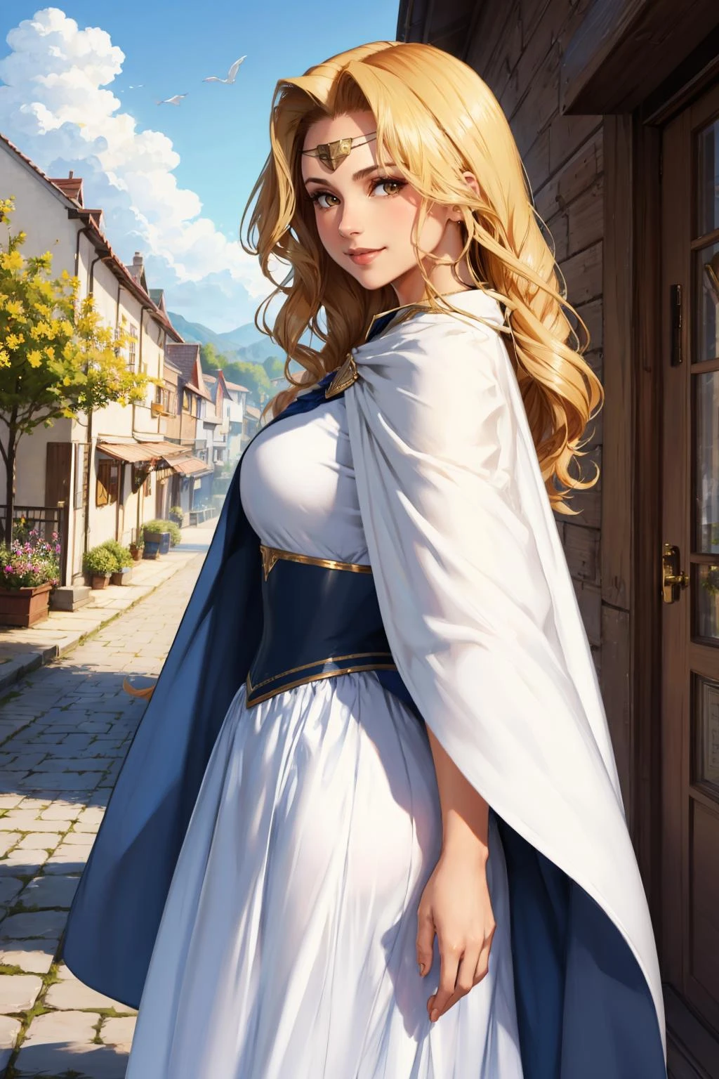 masterpiece, best quality,  edain, circlet, white dress, cape, walking, from side, looking at viewer, smile, village, spring
