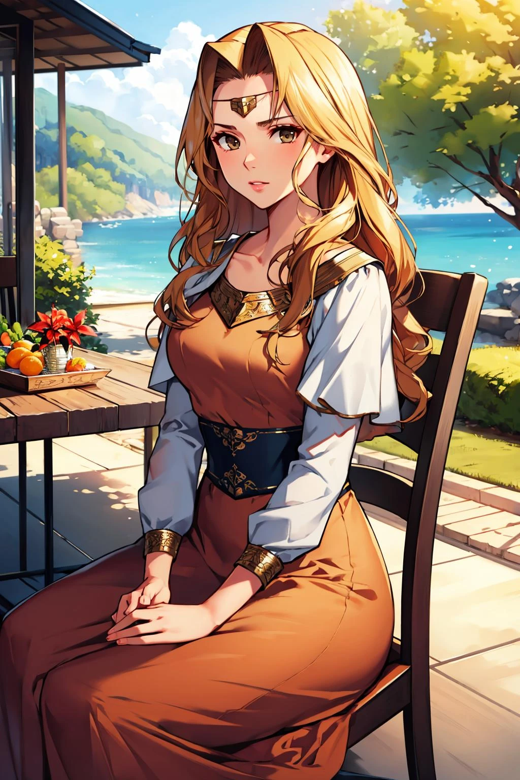 masterpiece, best quality, edain, circlet, orange dress, confused, sitting, chair, outdoors, looking at viewer