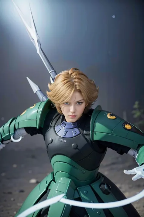 a close up of a person in a green and black outfit holding a sword