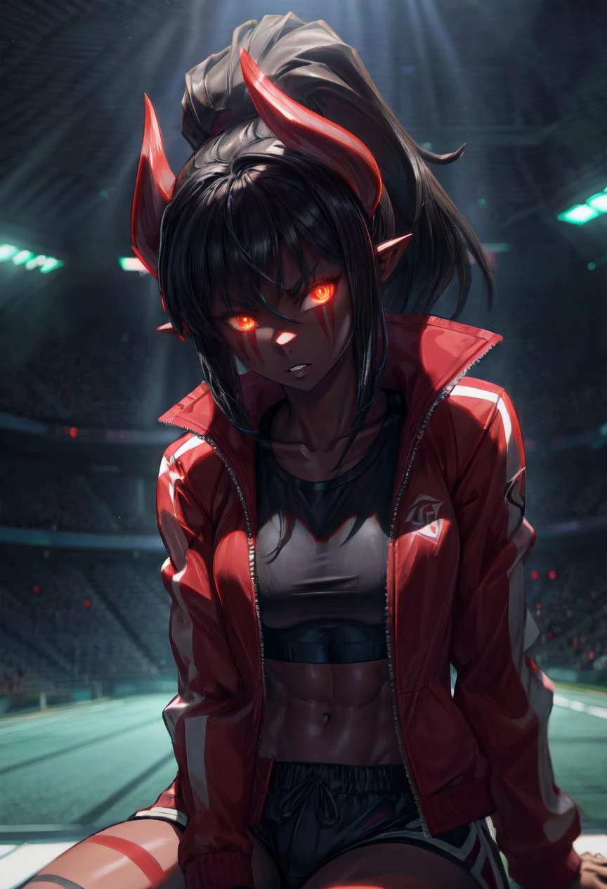 (volumetric lighting, Highres), (Detailed Illustration), Ultra-Detailed, 8k, nsfw, highly detailed background, outdoors, running track, 1girl, solo, SynIahfy, colored skin, cowboy shot, red eyes, glowing eyes, slit pupils, ponytail, small breasts, black hair, sitting, knee up, glaring, parted lips, collarbone, track jacket, open jacket, sports shorts, toned, abs 