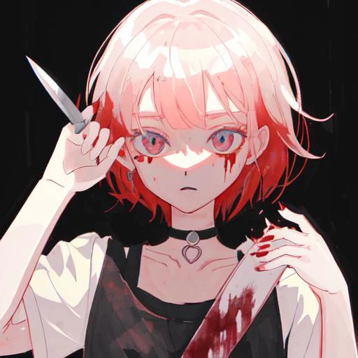 anime girl with red hair holding a knife and a knife in her hand