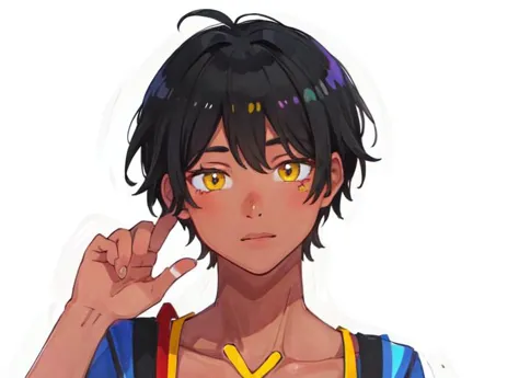 anime boy with black hair and yellow eyes pointing at something