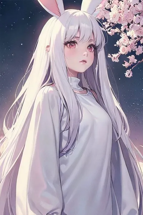 (1girl, adult), (high growth, thin body, middle size breast), (white glassy skin, rosy cheeks), (big (red) eyes, long eyelashes), (plump pink lips), (long straight white hair), (big fluffy bunny ears), (white attire, fantasy white clothing, complex details, long sleeves), (side view), (dark background, dark shades), (luminous, detailed), (main character), (posing)