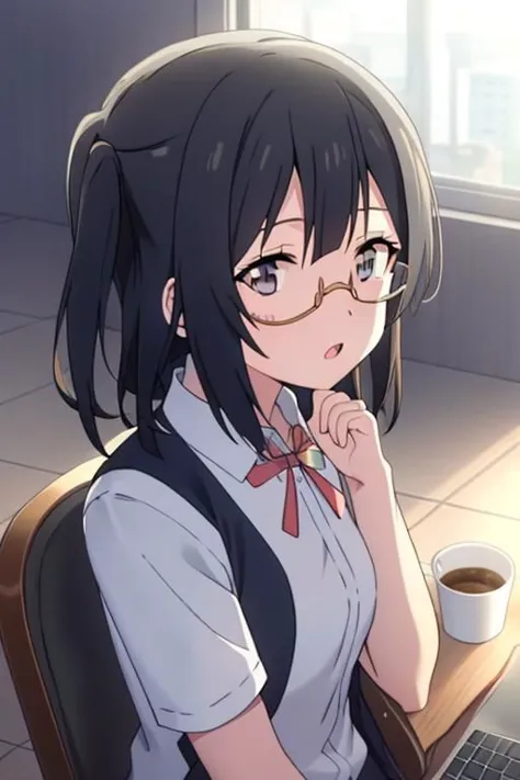 anime girl with glasses sitting at a table with a laptop