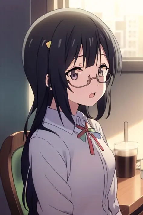 anime girl with glasses sitting at a desk with a cup of coffee