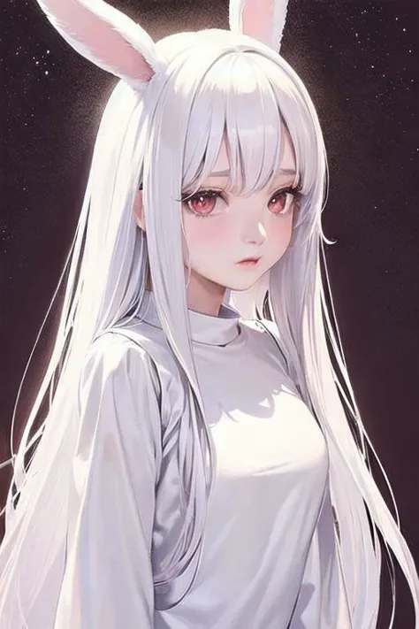 anime girl with long white hair and bunny ears