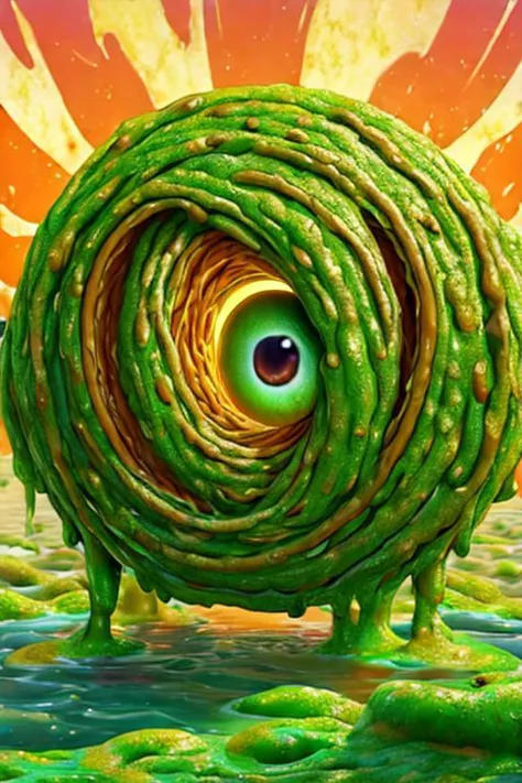 1 creature, 
too many eyes, no humans,
sky at golden hour, GreenSlimeAI
high quality texture, aesthetic composition, 8k