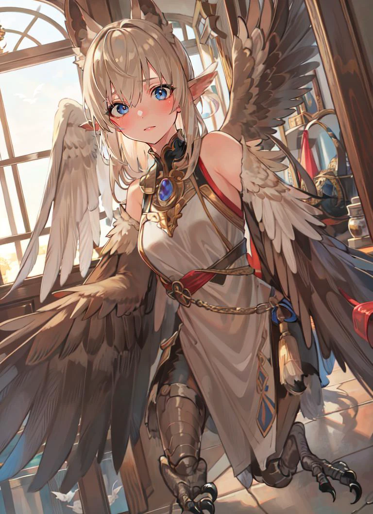 ((best quality)), ((highly detailed)), masterpiece, absurdres, detailed face, beautiful face, (detailed eyes, deep eyes), (1girl), dutch_angle, dynamic pose, upper body, (harpy), bird wings, bird legs, claws, bird tail, (indoors, at an entryway), urachan1629