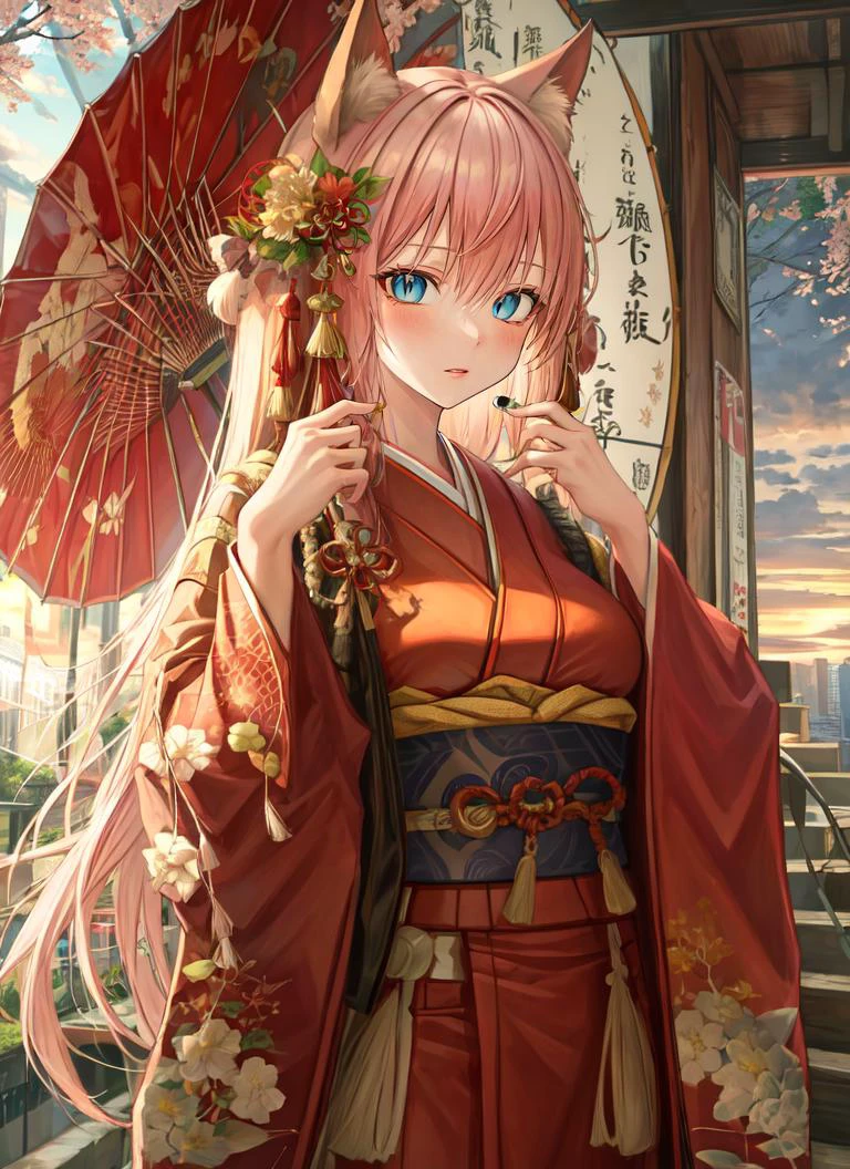 ((best quality)), ((highly detailed)), masterpiece, absurdres, (detailed eyes, deep eyes), (1girl), (glasses), mirror, reflection, dynamic pose, cowboy shot, kitsune, multiple tails, medium breasts, fox ears, fox tail, amber eyes, snake eyes, (sakura pink) hair, long sleeves, furisode, obi, sash, (at an appartment, sunset), urachan1629