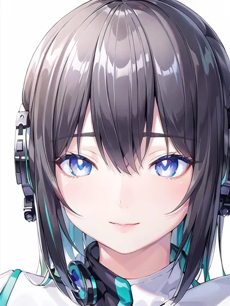 anime girl with headphones and blue eyes