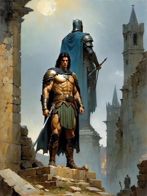art by Gerard Brom, Alex Maleev (best quality, masterpiece, ),(Warrior in tattered armor, back to screen, standing in front of statue),Standing in the ruins of a medieval town with his back to the screen, with a damaged stone statue in the center of the screen and a dimly lit sky