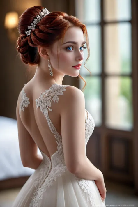 rendu 3D,art numérique,pose sexy,((coiffure chignon tressé de mariage)),tout est détaillé,(robe de mariée sexy:1.3),, (Prise de vue complète du corps:1.5), Sofia est une jeune succube de 20 ans aux longs cheveux rouge vif qui tombent sur ses épaules et jusqu&#39;à sa taille.. Elle porte une robe ornée de dentelle et à manches courtes, dévoilant son corps sensuel et souple, mesurant 168 cm et 48 kg, avec poitrine et cuisses moyennes. (Elle a un visage sensuel de type diamant), with deep and penetrating yeux bleus, (yeux bleus:1.2),(sourcils semi-arqués), une bouche avec (lèvres harmonieuses), et un (corolle de rubis sur ses joues), elle a une beauté séduisante et sinistre qui peut être son arme. plus puissant., chef-d&#39;œuvre, Meilleure qualité, ((Détails de peau extrêmes)), HDR, ((Ultraréaliste)), ((photo)), bokeh, profondeur de champ, 8k euh, Reflex numérique, éclairage doux, Haute qualité, Fujifilm XT3