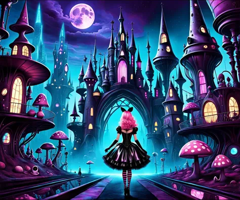 Create a Alice in Cyberland setting In the style of Camille Rose Garcia combining dark and whimsical elements with eerie and sur...
