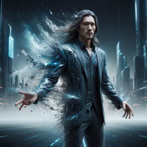 Create an image in a photorealistic style featuring a man with long hair, dressed in futuristic, stylish attire. He is in the process of vanishing, with parts of his body progressively fading into thin air, as if he's being digitally dissolved. The setting is a high-tech environment, possibly a lab or a cityscape filled with advanced technology. Emphasize the contrast between the man's solid form and the areas where he's disappearing, creating a sense of mystery and technological marvel asian